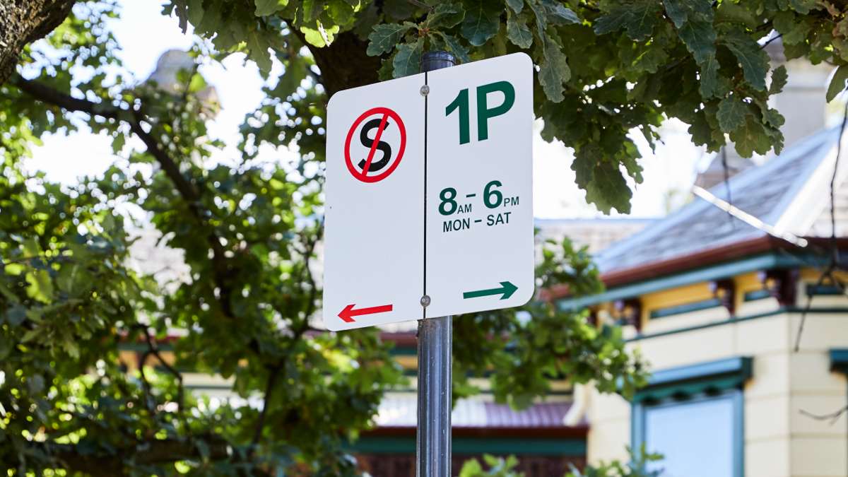 A parking sign in a leafy street
