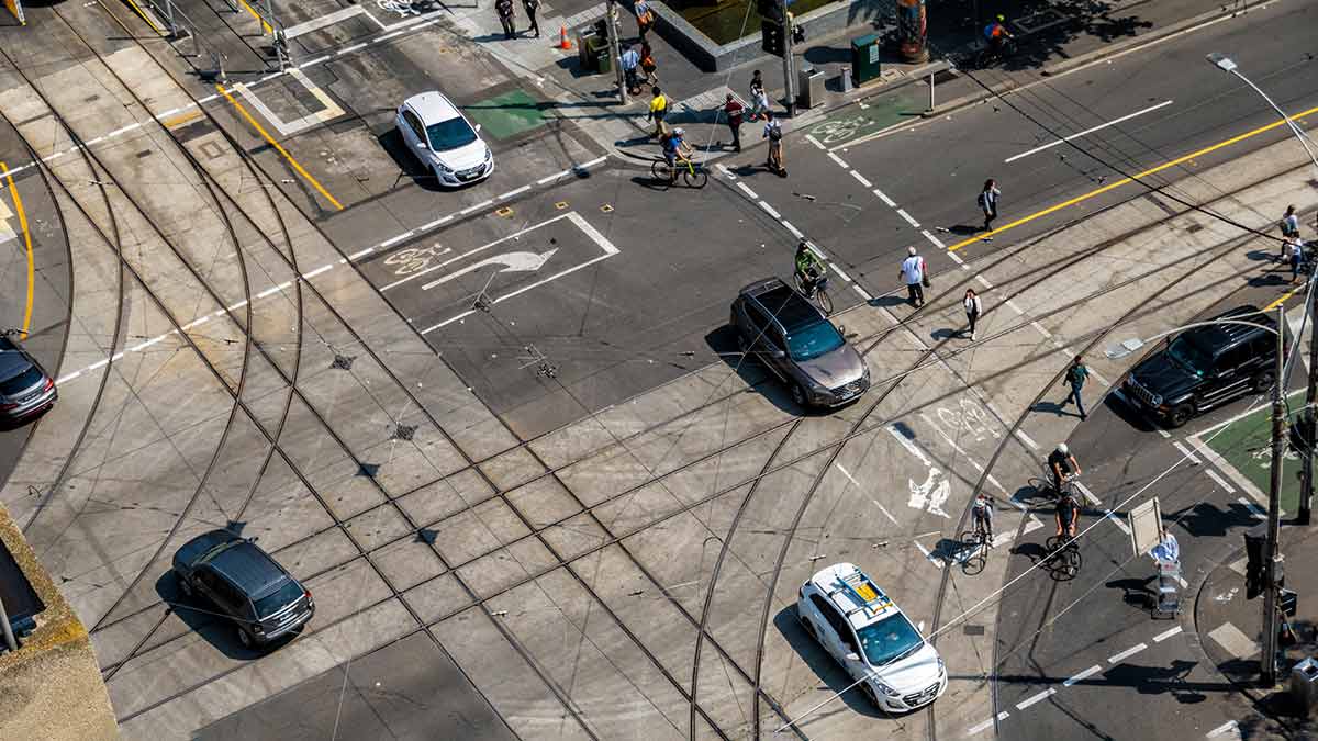 Aerial view of Melbourne intersection with hook turn.