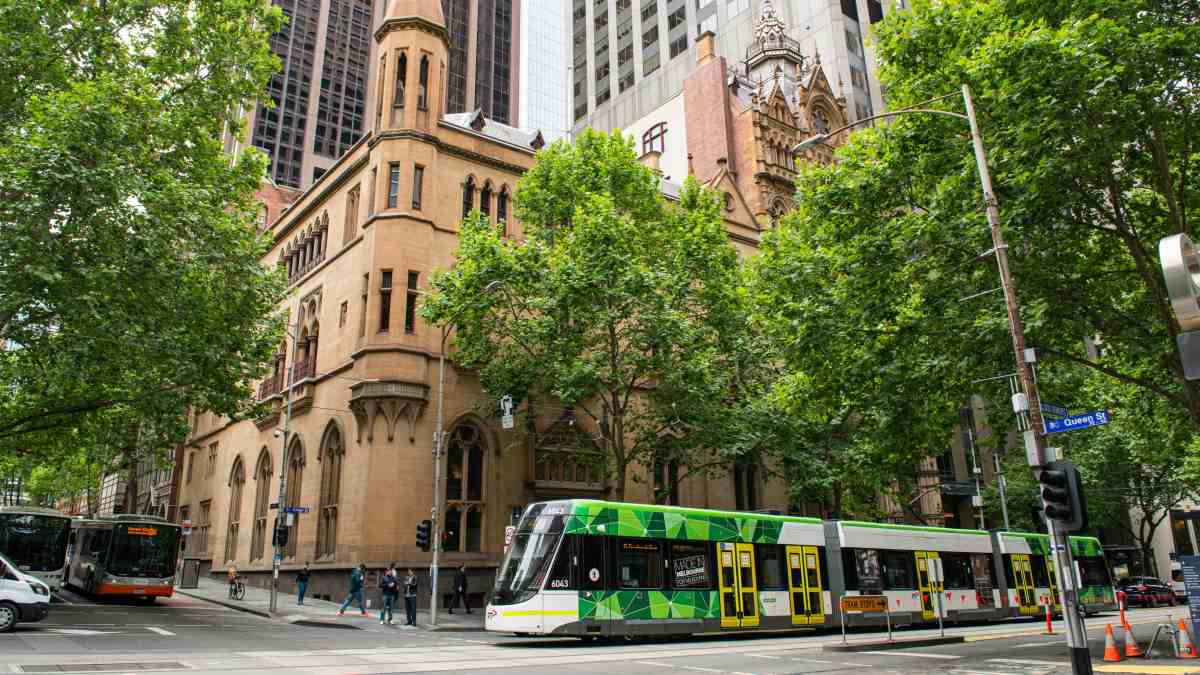 A hook turn intersection with a tram going through it in Melbourne's CBD