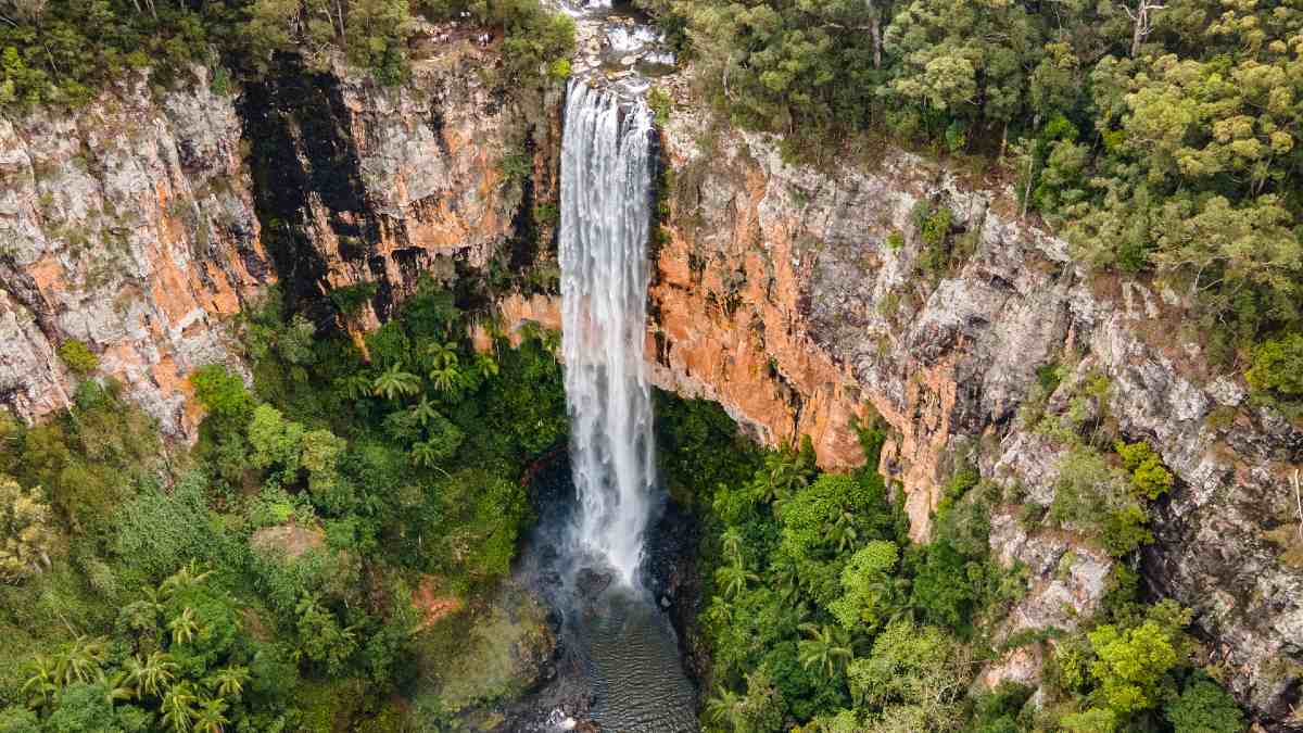 aerial view of tall waterfall