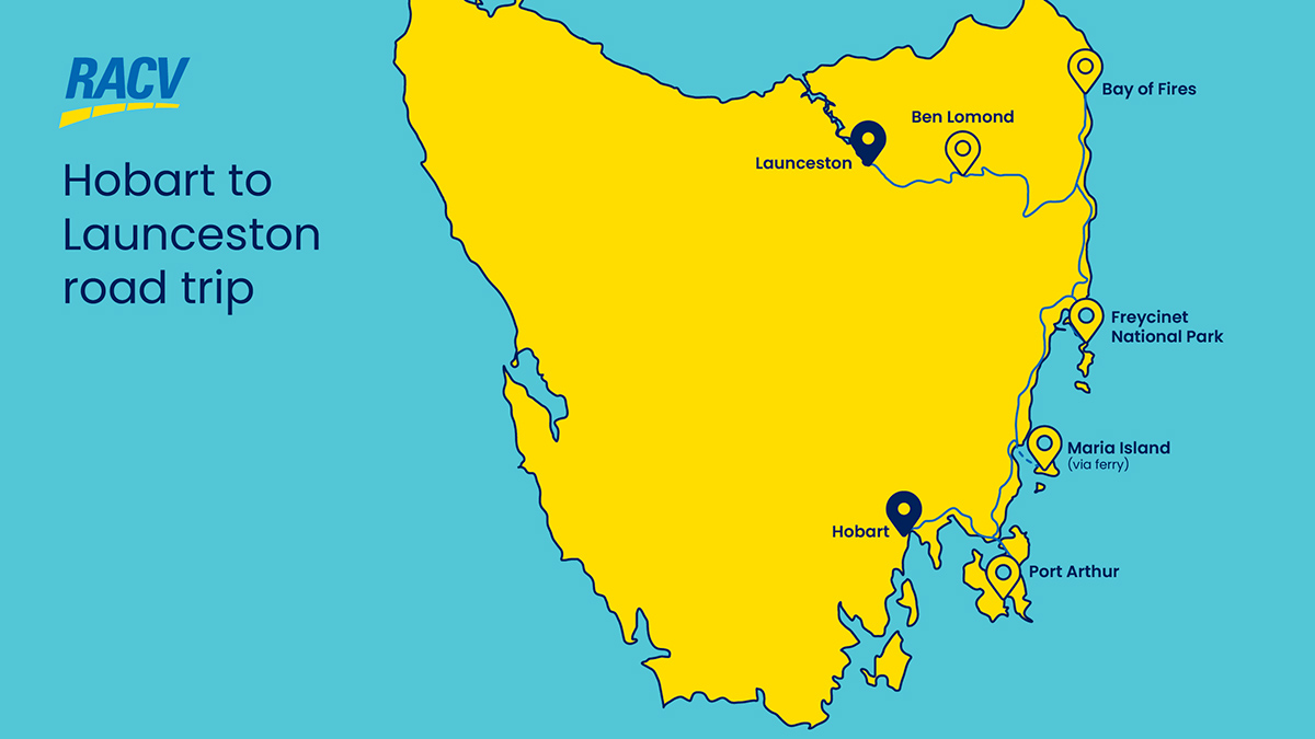 graphic depicting Tasmania with stops between Hobart and Launceston