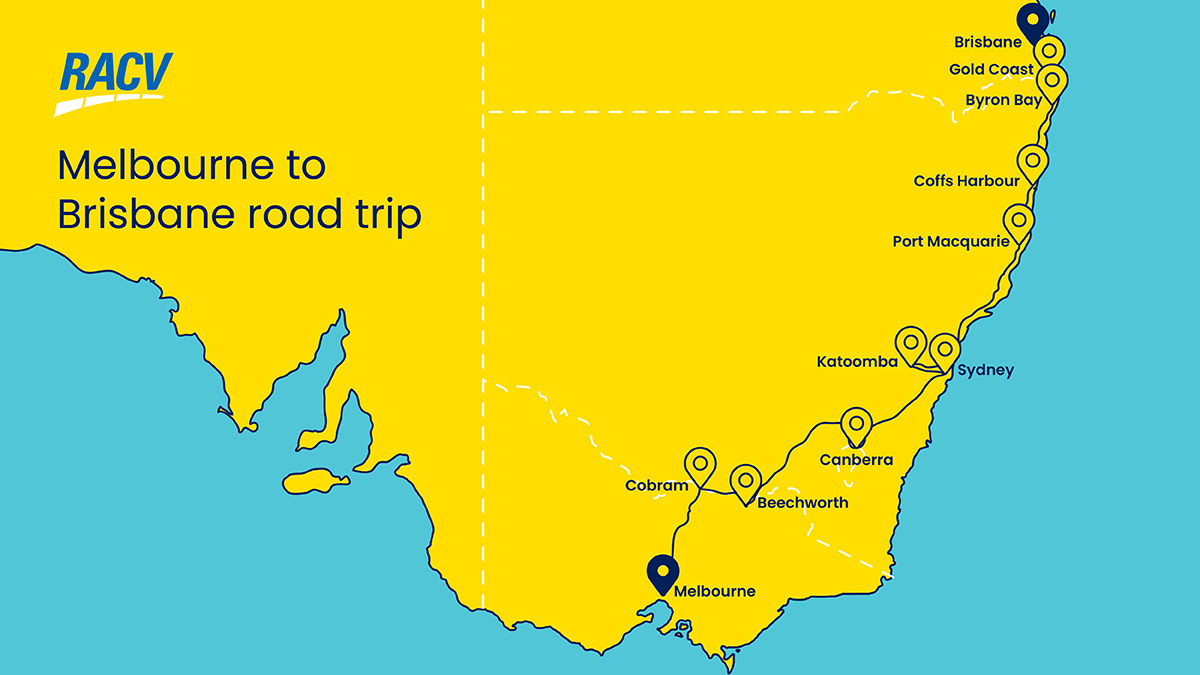 Infographic map of South East Australia showing a roadtrip mapped out between Melbourne and Brisbane