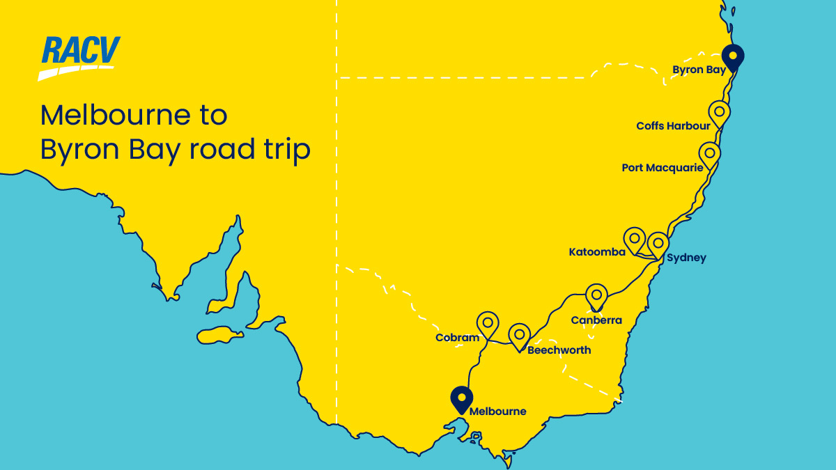 Infographic map of South East Australia showing a roadtrip mapped out between Melbourne and Byron Bay.