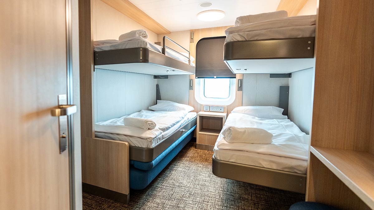 Spirit of Tasmania family cabins showing two adjoining bunk beds.