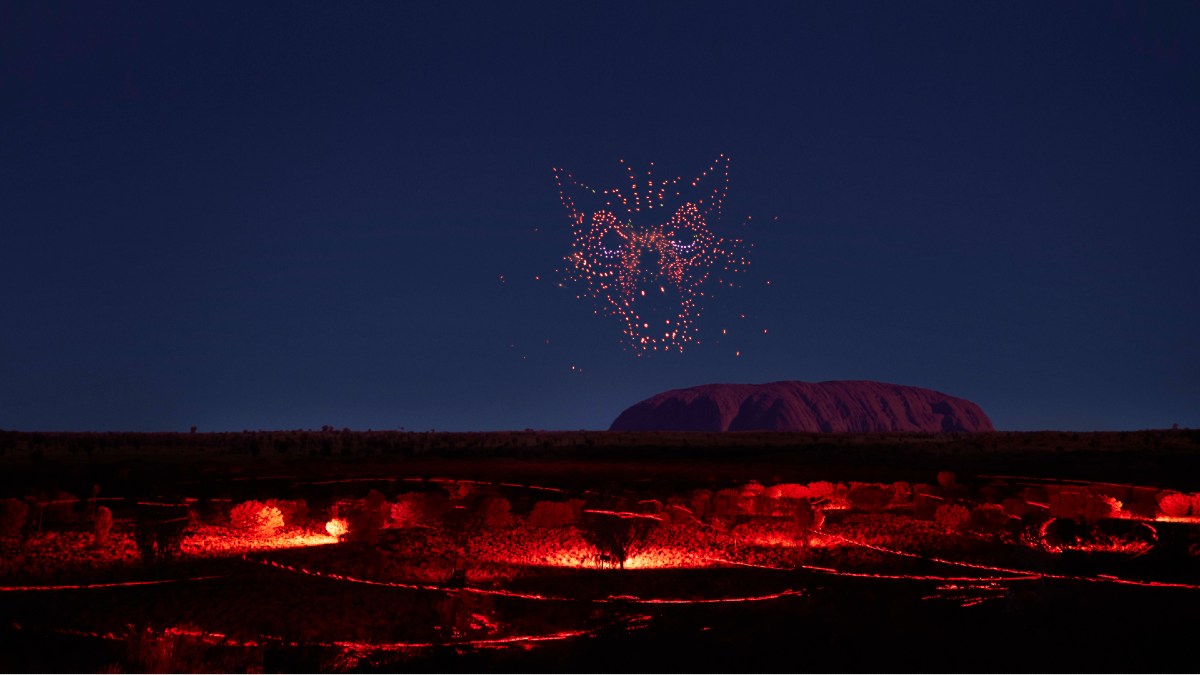 drone and light show above Uluru