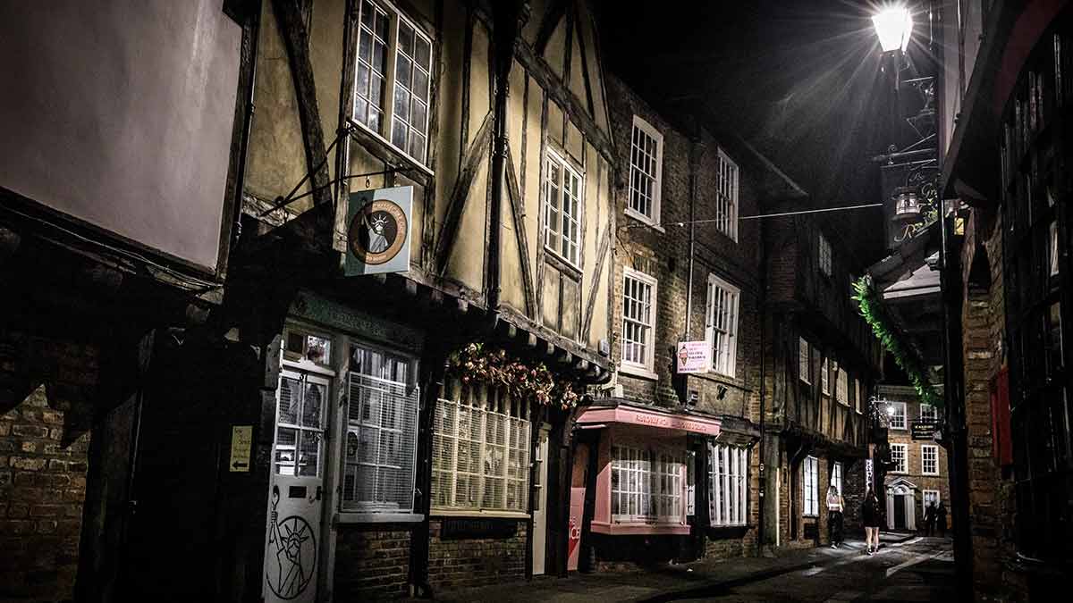 Historic Shambles Street in York at night, also known as Diagon Alley in the Harry Potter films.