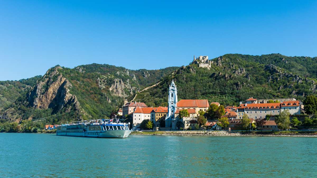 cruise ship on the Danube River by Duernstein