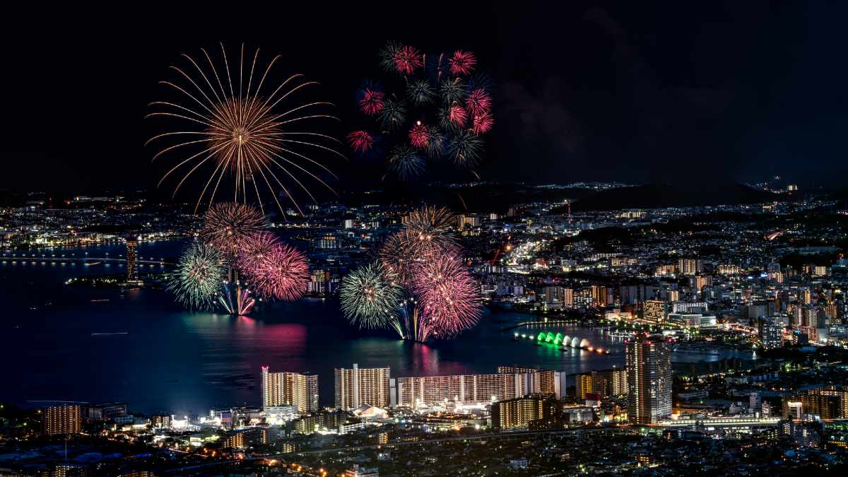 fireworks display above a lake and city