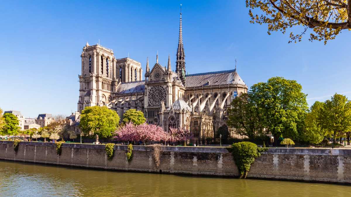 exterior view of the Notre Dame Cathedral and the Seine