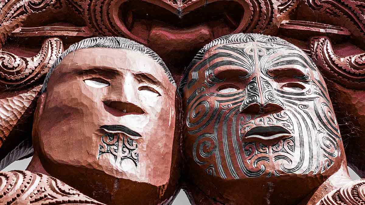 Maori artwork outside the Te Puia Centre in Rotorua New Zealand