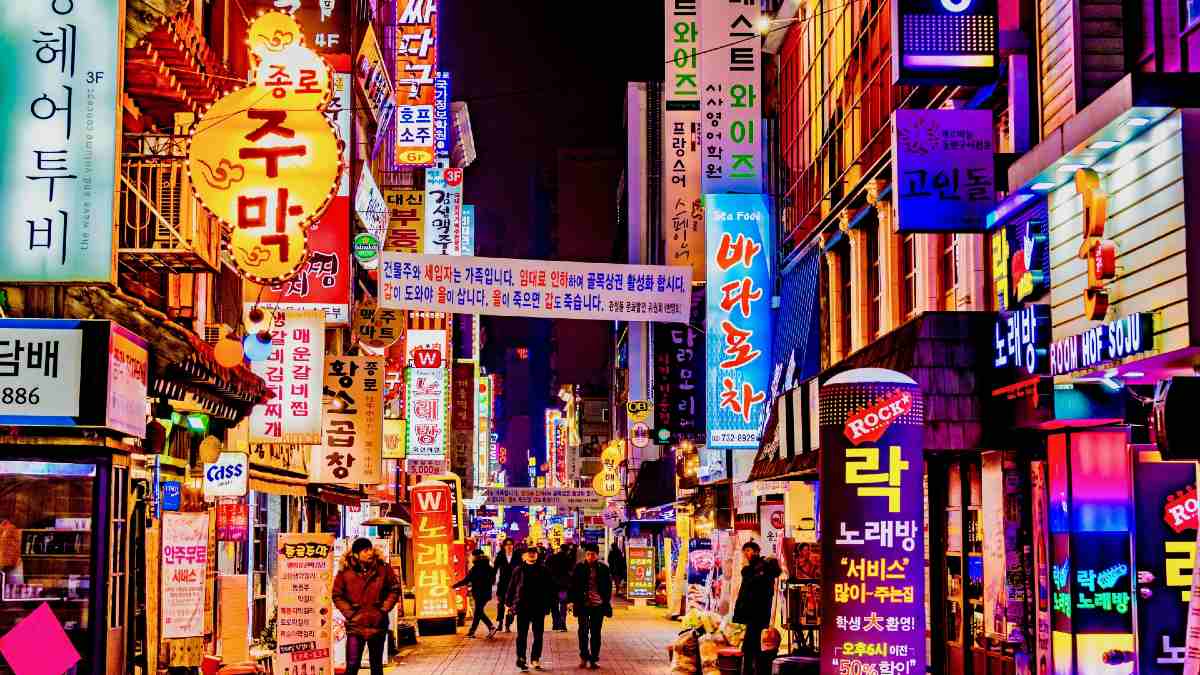 brightly lid city street in Seoul, South Korea