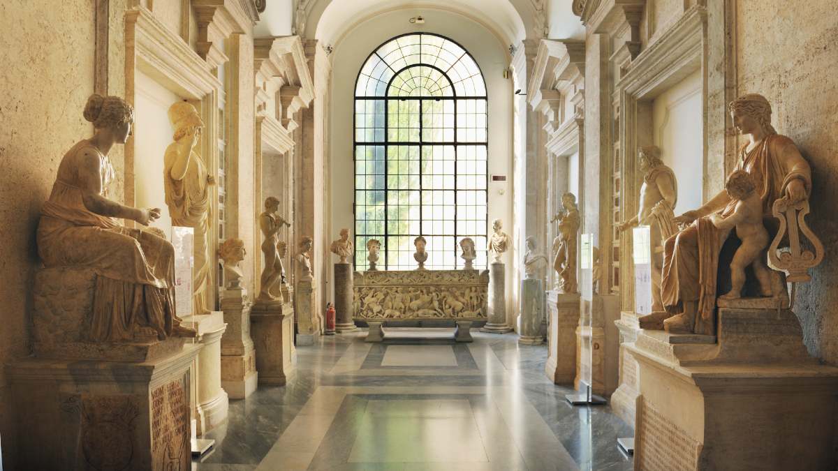 interior of a Roman museum with statues