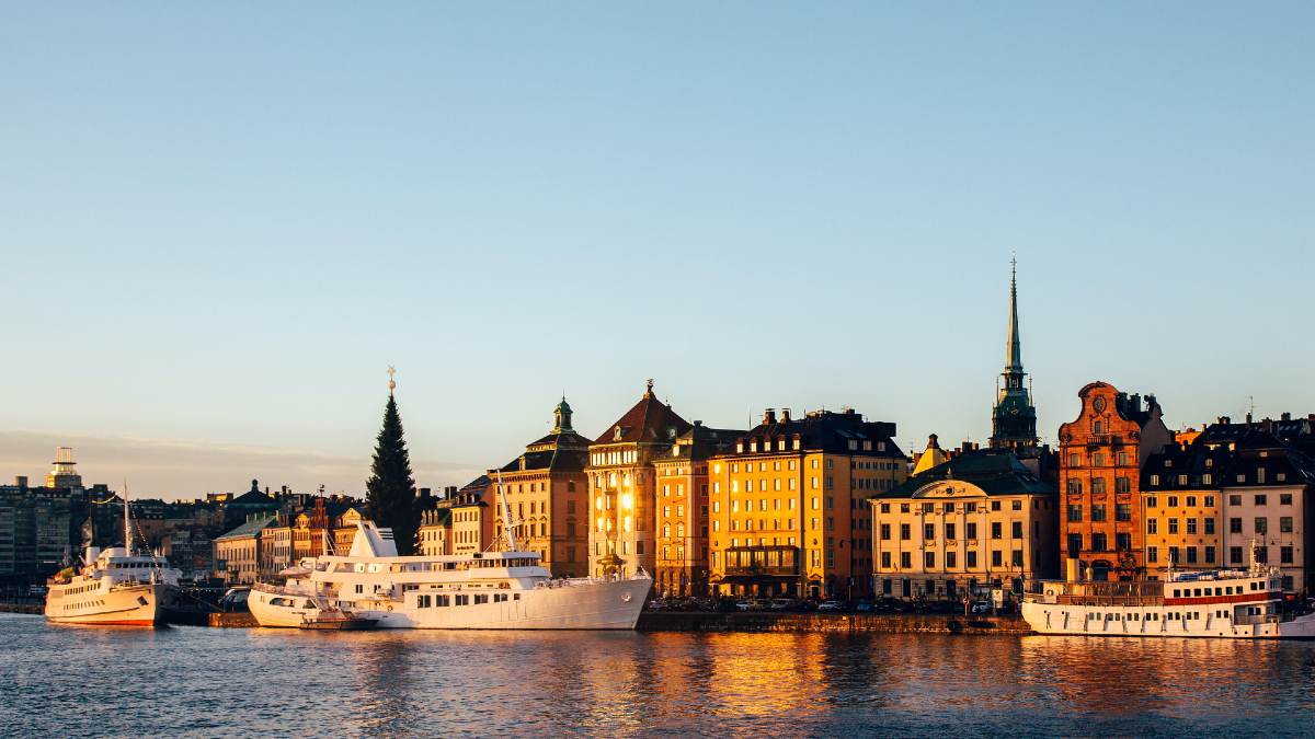 cruise ship in river by Stockholm cityscape with giant Christmas tree