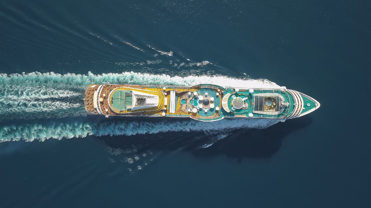 birds eye view of cruise ship on ocean