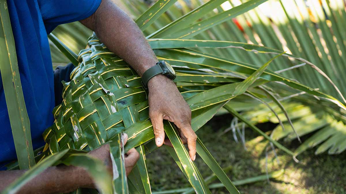 Fijian man weaving flax mat for earth oven cooking