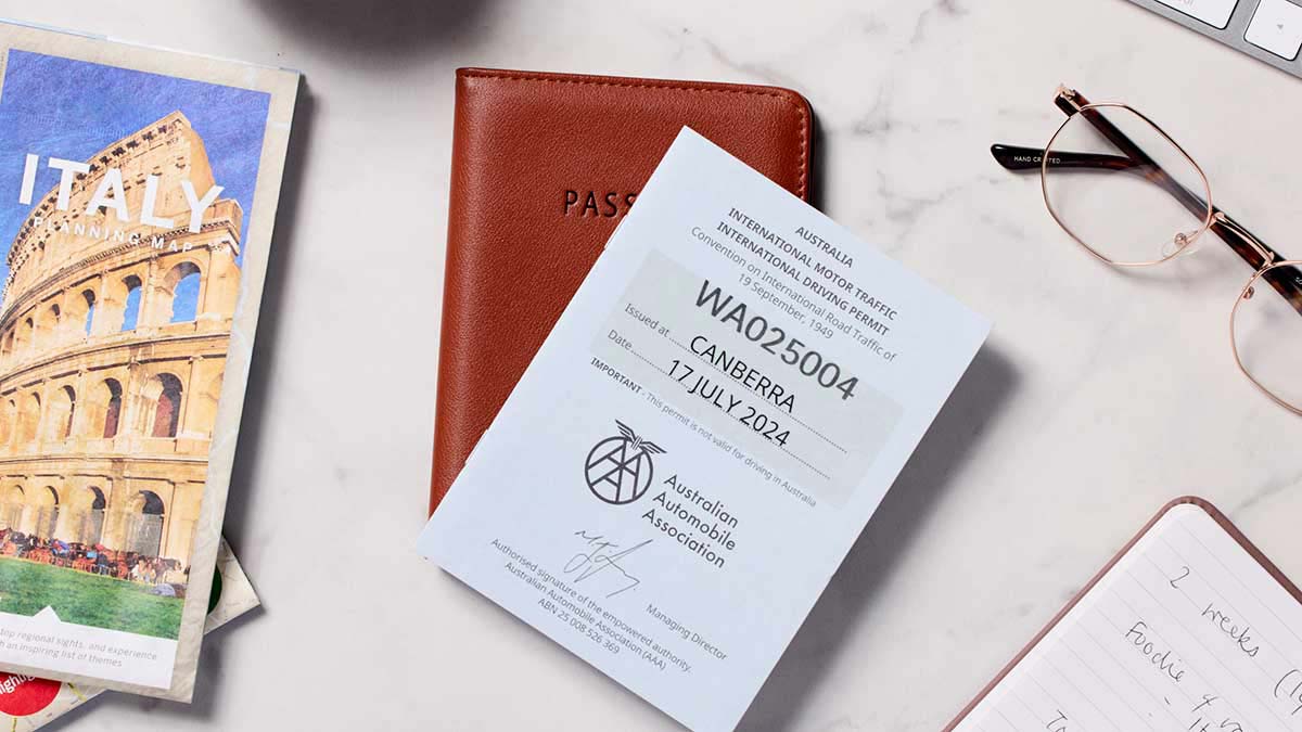 Travel documents on a marble surface