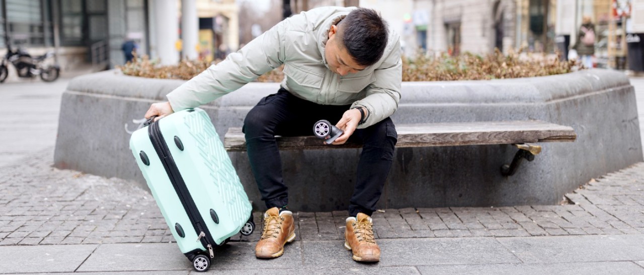 young man looking at damaged suitcase