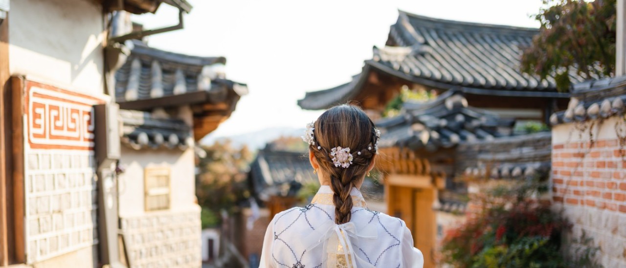 woman in Korean Hanbok traditional dress in Bukchon Hanok village