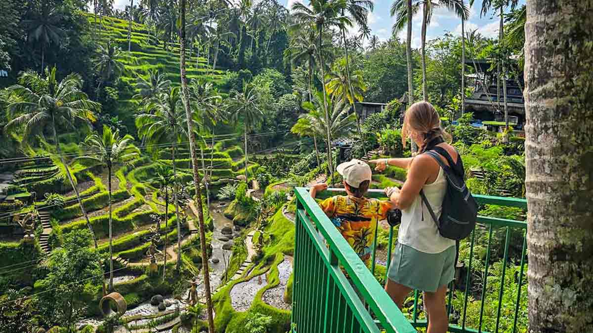 Woman and her child looking over the lush rice terraces at Alas Harum in Ubud, Bali, Indonesia, surrounded by tropical greenery.