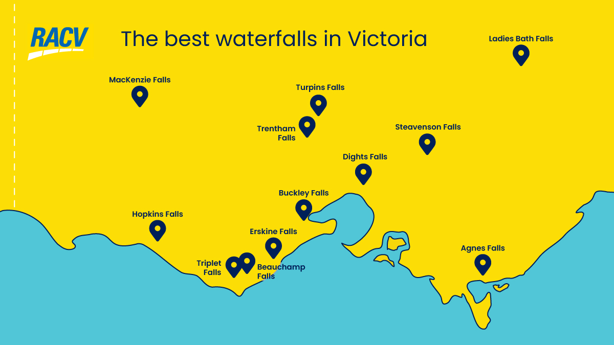 A map showing a basic depiction of Victoria with selected waterfalls across the state on it