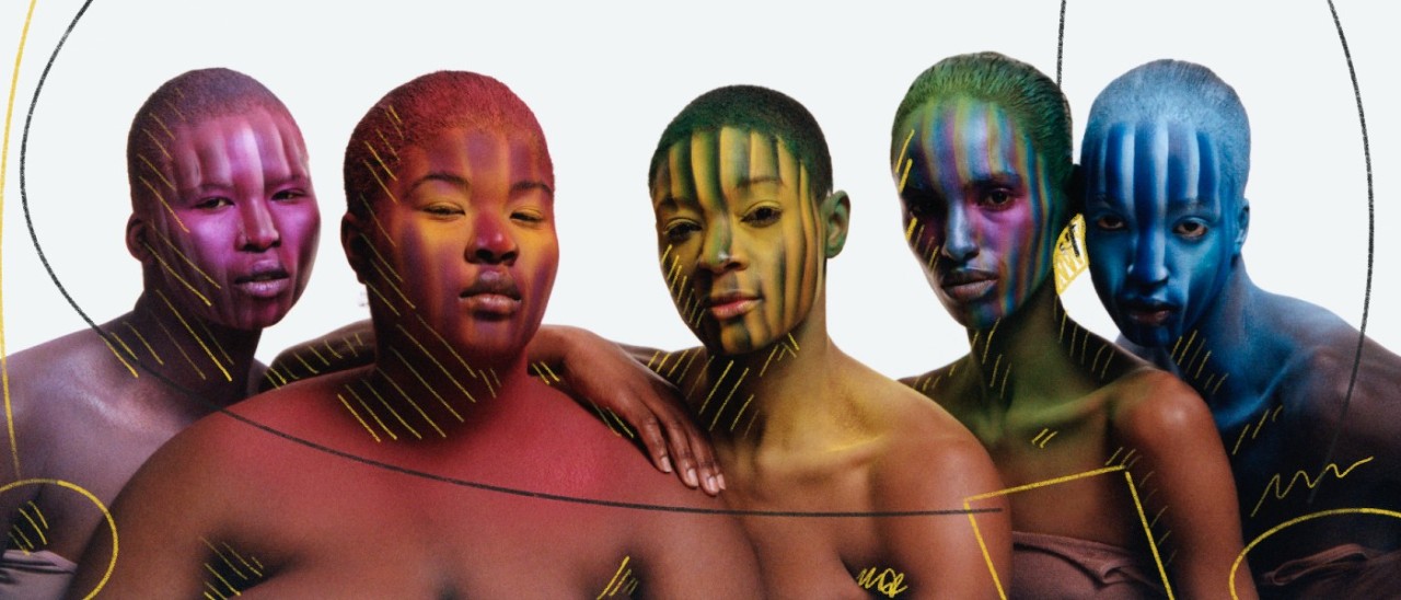 Five Black women pose, looking directly toward the viewer. Each woman has lines of colour overlaid on their face, in shades of purple. red, orange, yellow, green and blue. Yellow and black line markings have been added across the models and the foreground