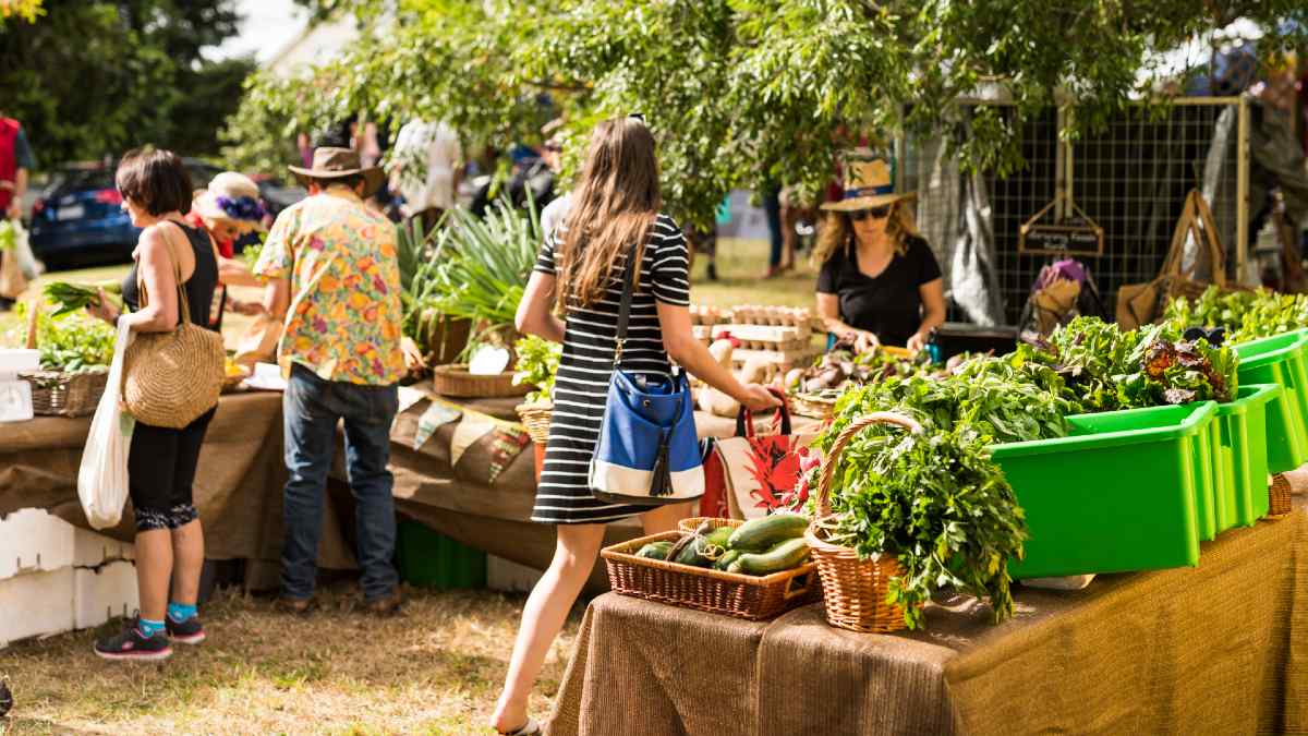 people shopping at an outdoor farmers market