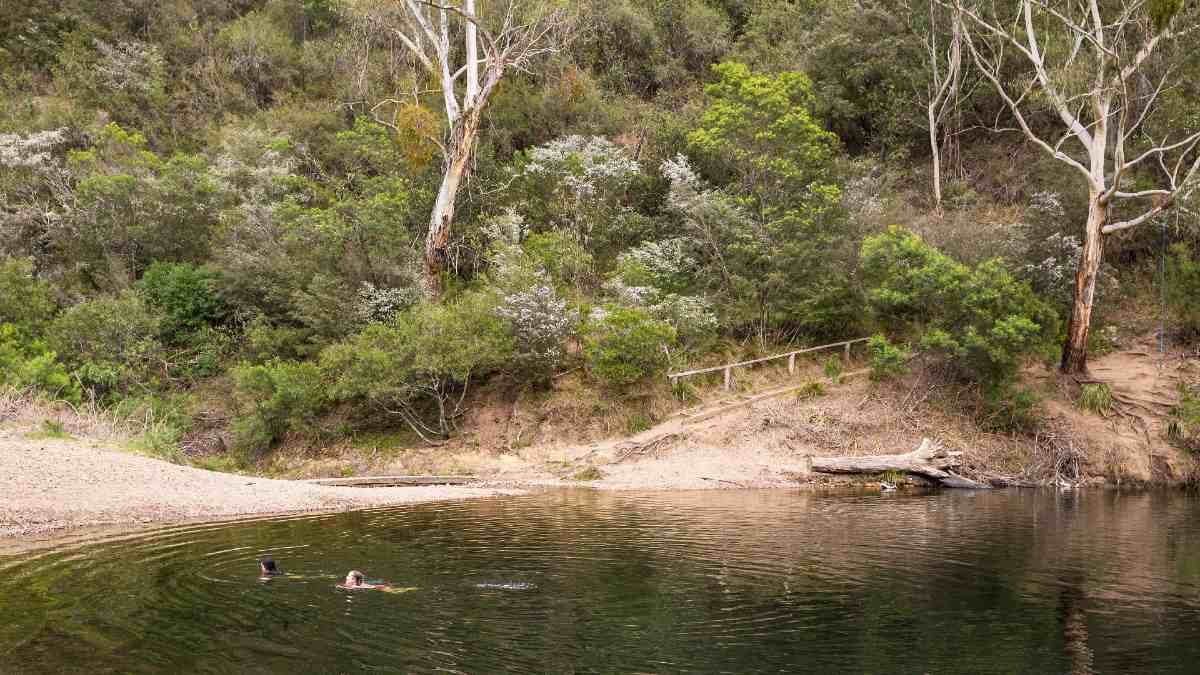 Two people swimming in the Blue pool, Briagolong State Forest