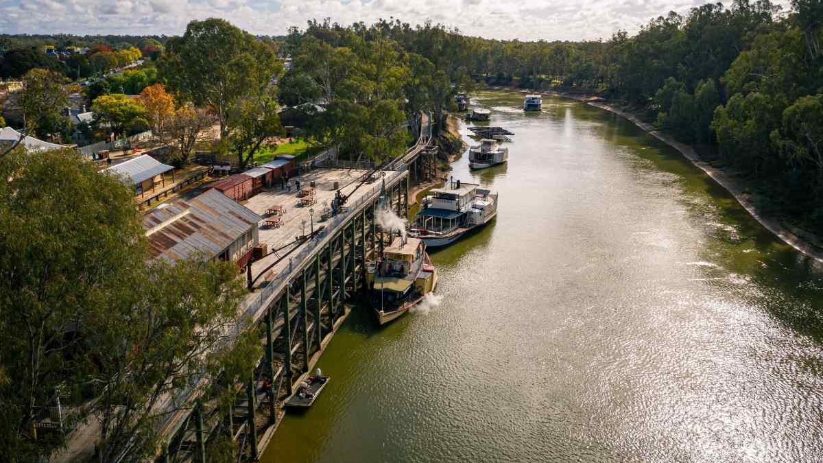 aerial view of Murray River with paddlesteamers