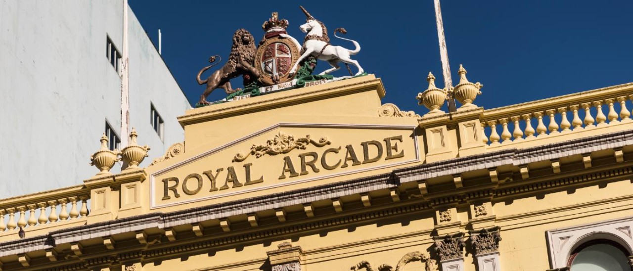 exterior facade of historic shopping arcade