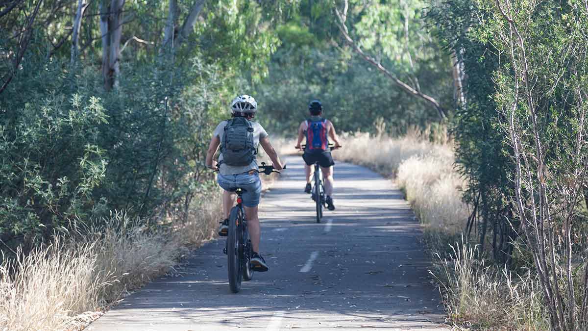 Two cyclists riding in single file on bushy Merry Creek Trail