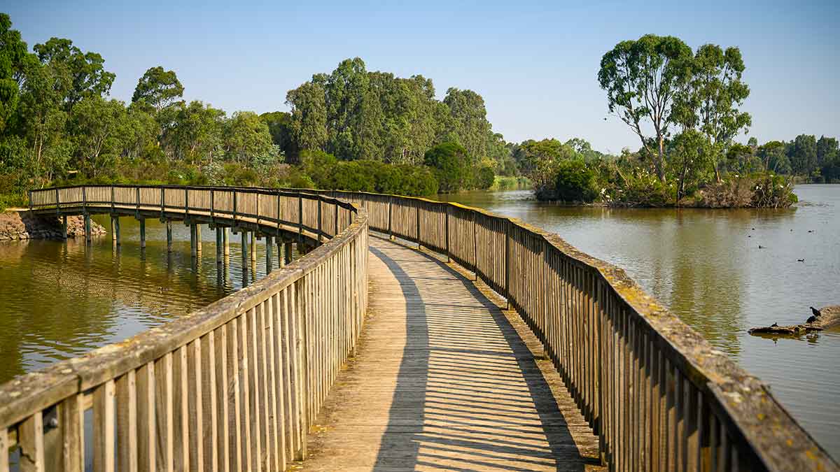 Bridge over Lake Guthridge in Sale, a great birdwatching location in Victoria, Australia.