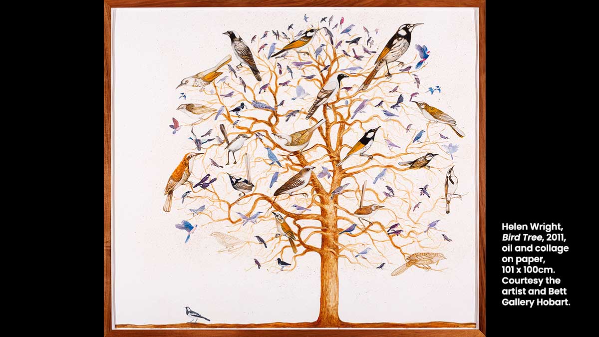Helen Wright, Bird Tree, 2011, oil and collage on paper, 101 x 100cm. Courtesy the artist and Bett Gallery Hobart. RACV Art Collection