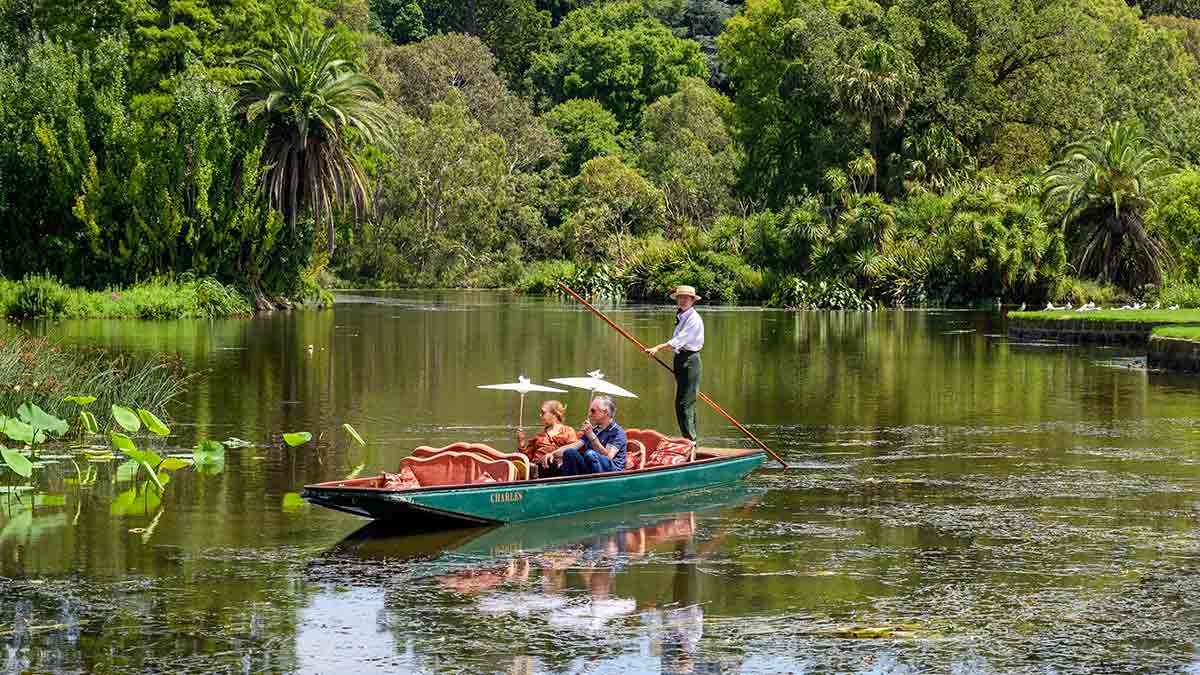 Punting on ornamental lake in Royal Botanic Gardens Melbourne