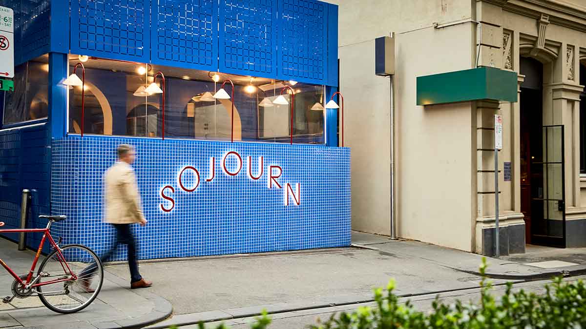 Exterior view of striking blue Sojourn restaurant in Little Collins St.