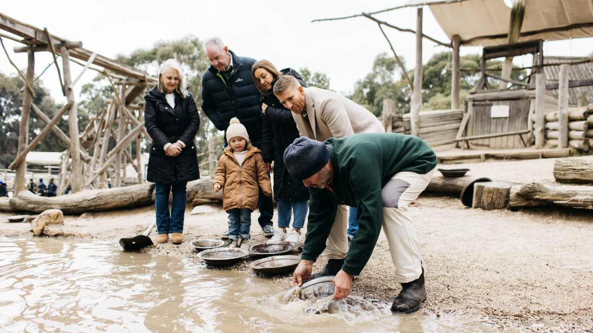 family of six goldpanning at Sovereign Hill