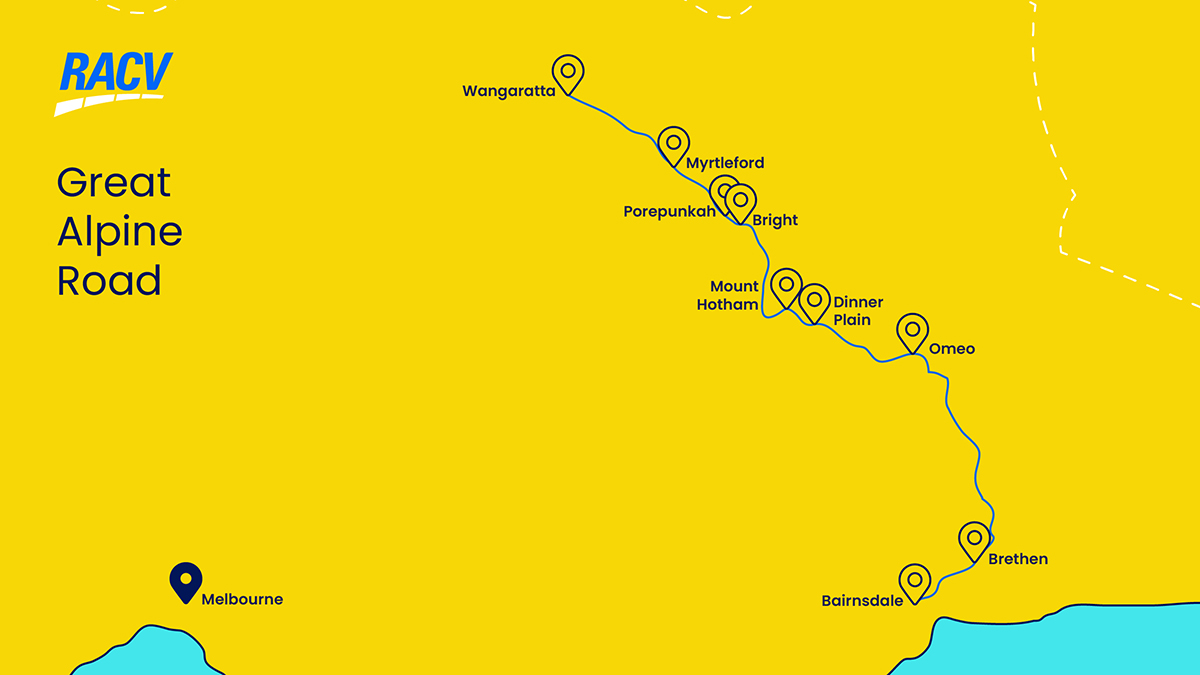 map of inner Victoria showing stops on the Great Alpine Road: Wangaratta, Myrtleford, Porepunkah, Bright, Mount Hotham, Dinner Plain, Omeo, Brethan, Bairnsdale