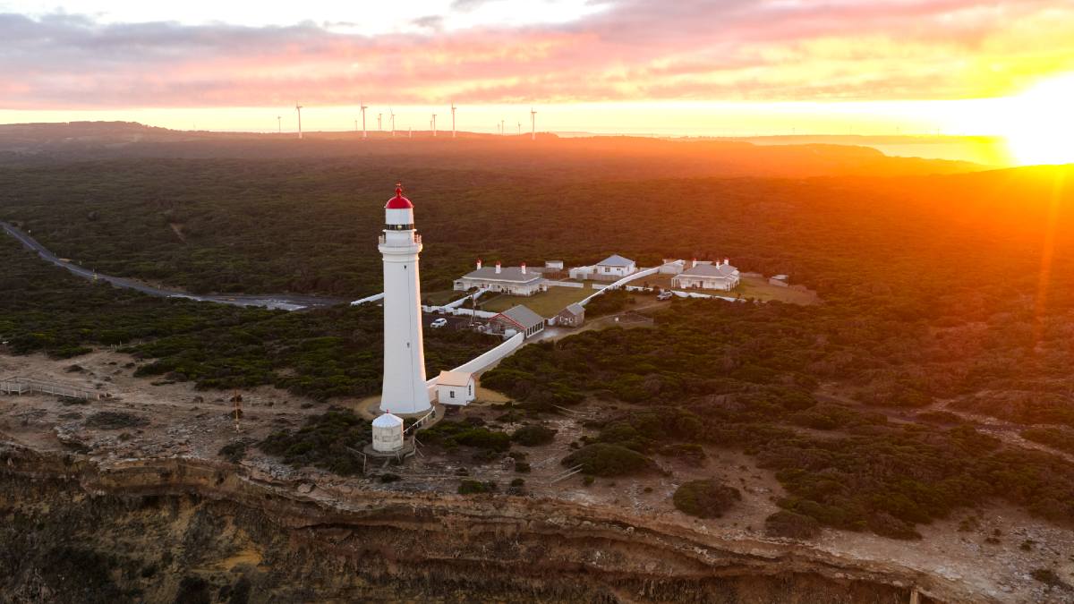 Cape Nelson Lighthouse with sunset in background