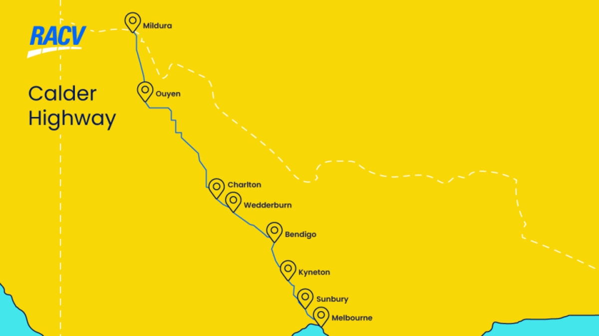 map graphic of Victoria showing stops along the Calder Highway