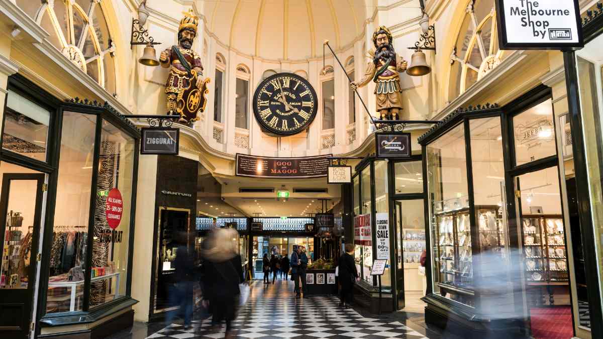 view of Gog and Magog in Melbourne's Royal Arcade