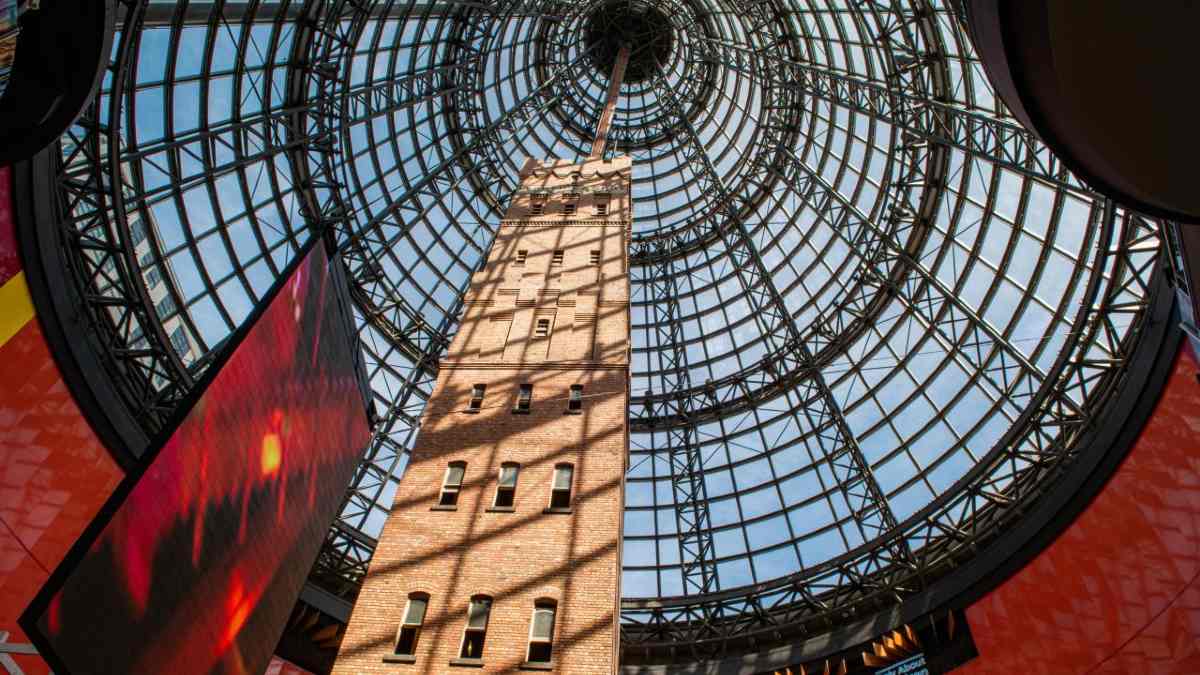 Looking up at Coop's Shot Tower underneath the glass dome at Melbourne Central