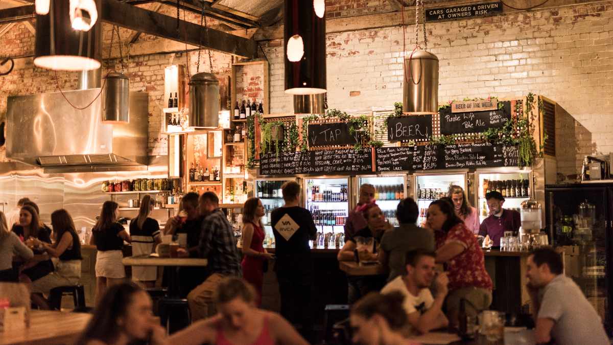 busy crowd in a brewpub
