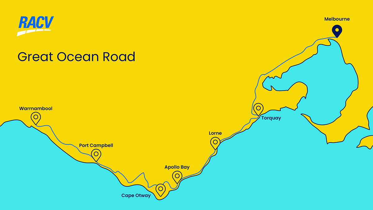 map of lower Victoria showing road trip stops on the Great Ocean Road: Melbourne, Torquay, Lorne, Apollo Bay, Cape Otway, Port Campbell, Warrnambool