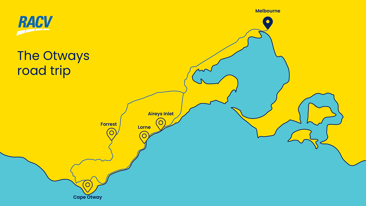 graphic showing lower Victoria with a road trip route marking out Melbourne, Forrest, Cape Otway, Lorne and Aireys Inlet; title reads RACV The Otways road trip