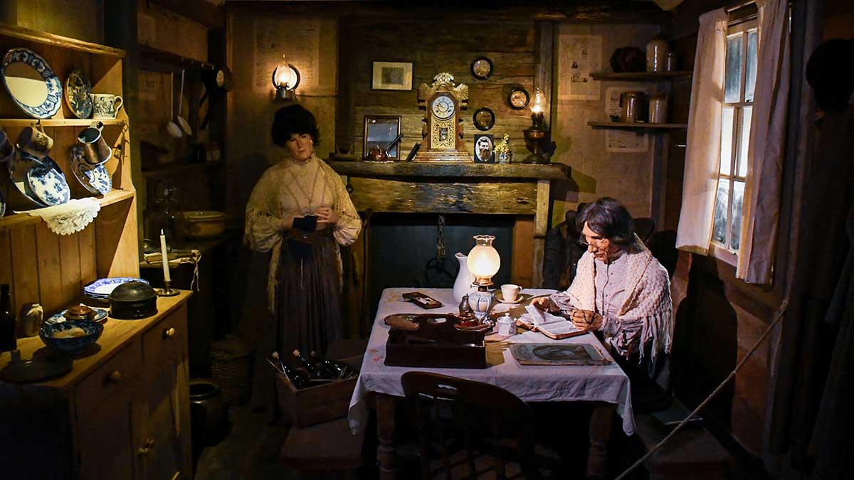 An elaborate set depicting an 1880s kitchen scene with two women in regional Victoria.