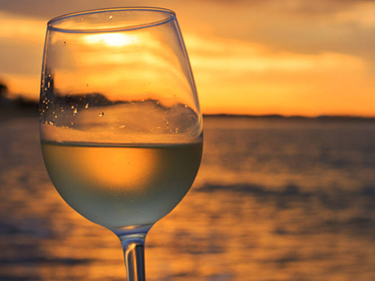 Person holding a glass of wine and looking out towards the beach at sunset.